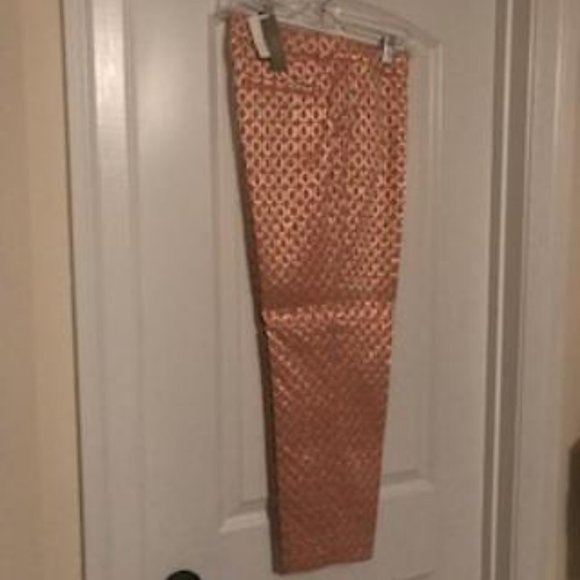 NWT J. Crew Coral and Metallic Gold Jacquard Tailored tapered Ankle Pants - Picture 4 of 6